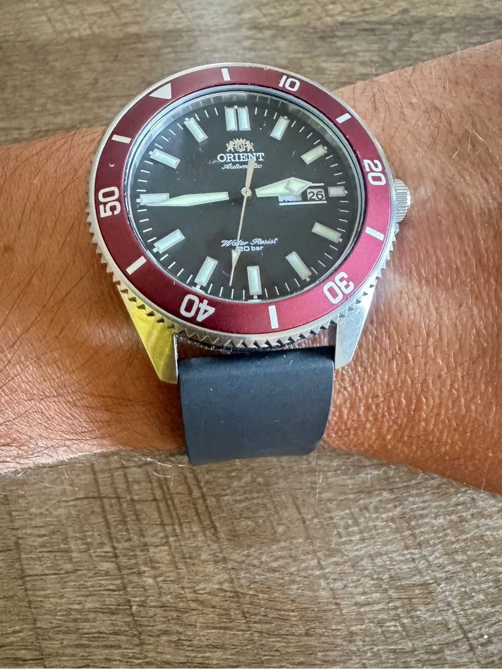 Orient Automatic Dive Watch with Black Dial and Red Bezel